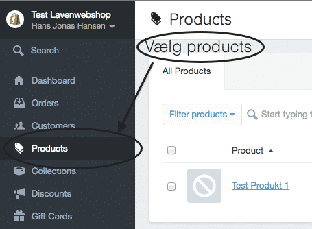 Vælg producs i Shopify