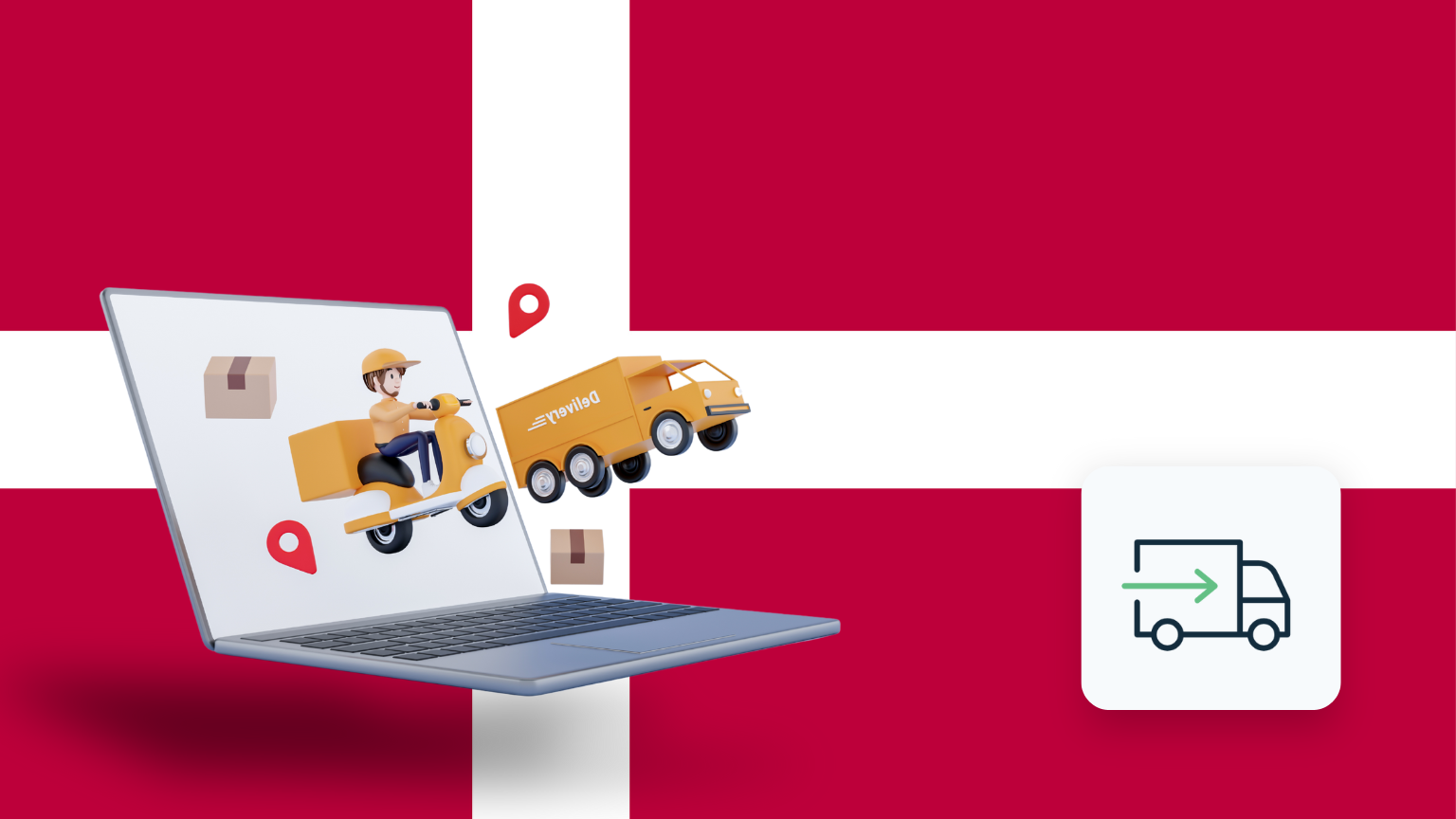 3D-illustration af leverings truck der kommer ud af bærbar, med danmarks flaget i baggrunden, der fremhæver dropshipping som en lagerfri forretningsmodel.