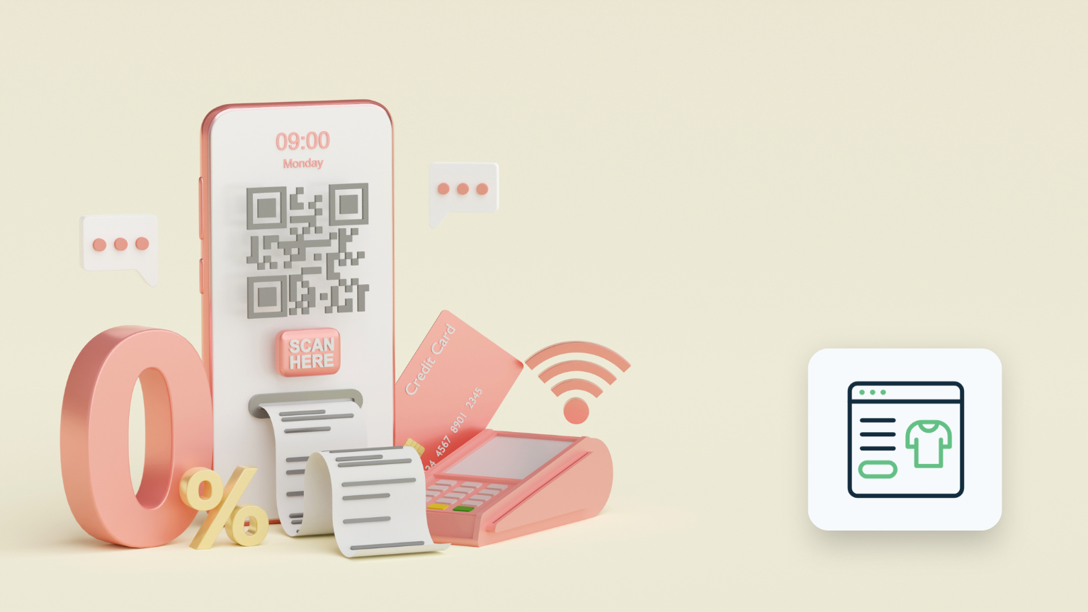 3D-illustration af betalingsløsninger med fokus på integration af MobilePay og Dankort som betalingsløsninger.