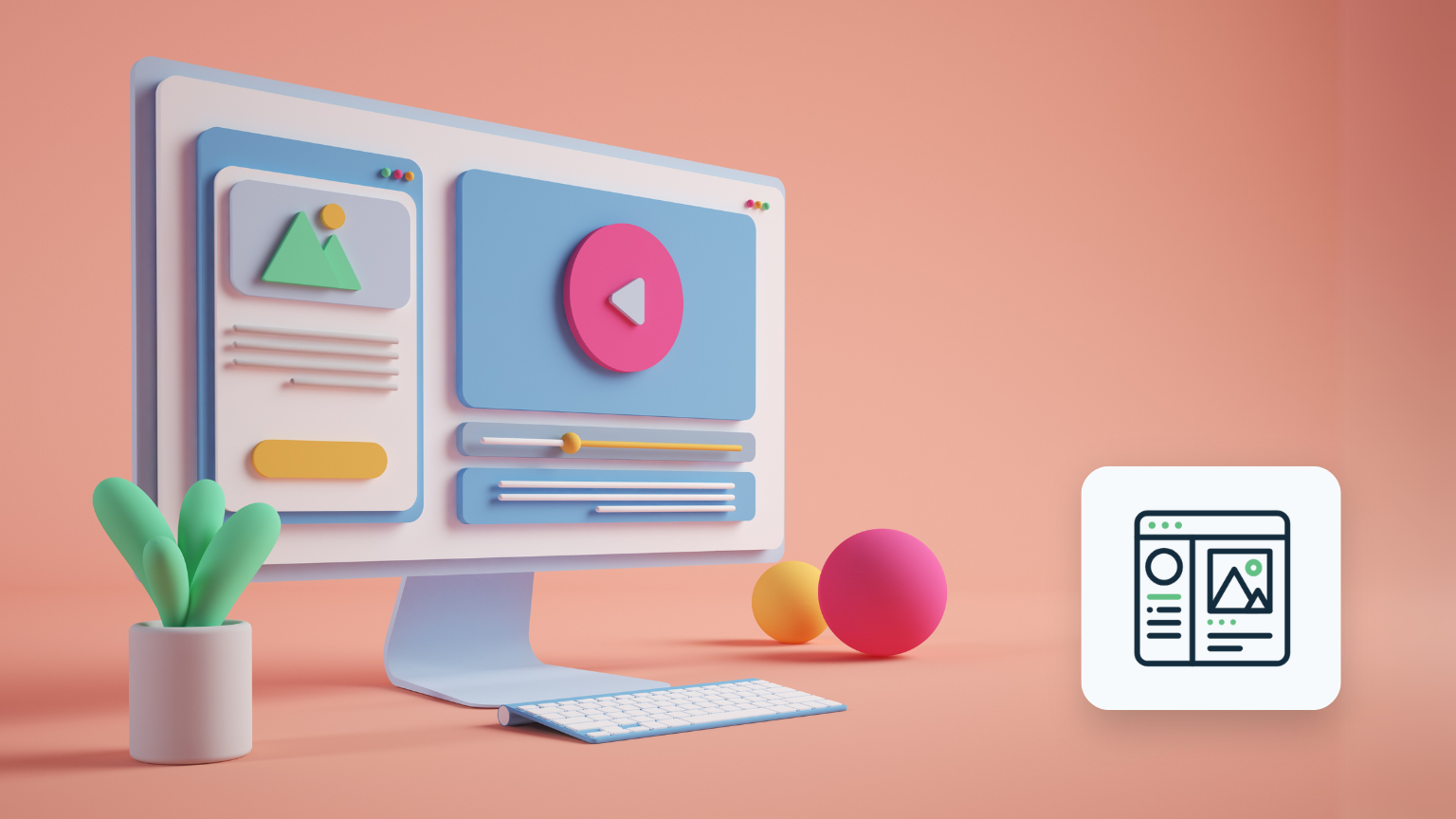 3D-illustration af en computer med Shopify-dashboardet, der viser opsætning af en webshop.