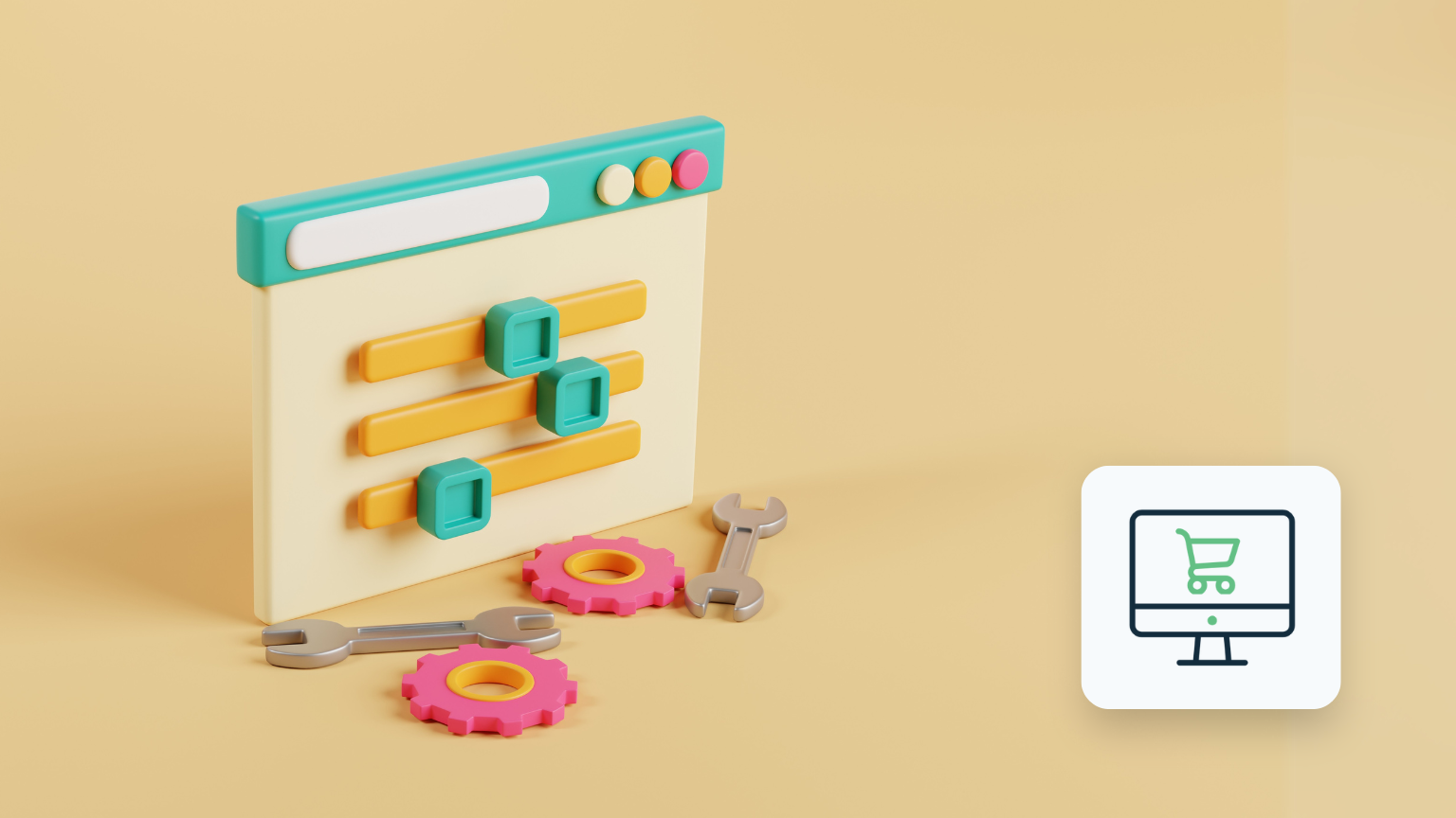 3D-illustration af en computer med WooCommerce-dashboardet, der viser opsætning af en webshop i WordPress.