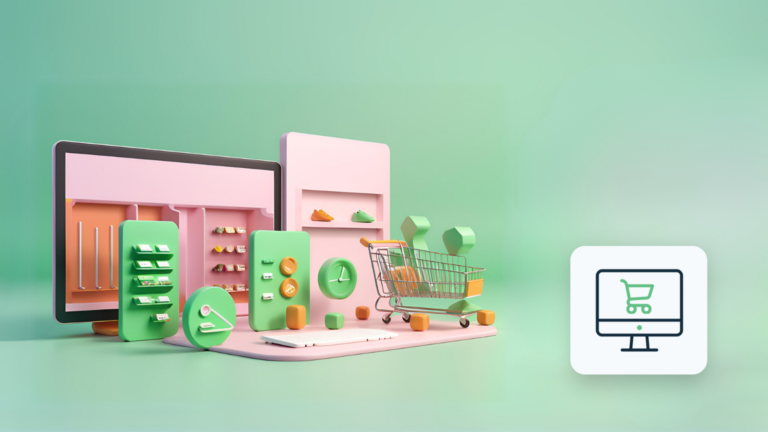 3D illustration af en tilpasselig webshop-interface med e-handelsværktøjer og analyse-dashboards, der fremhæver de bedste webshop-løsninger.