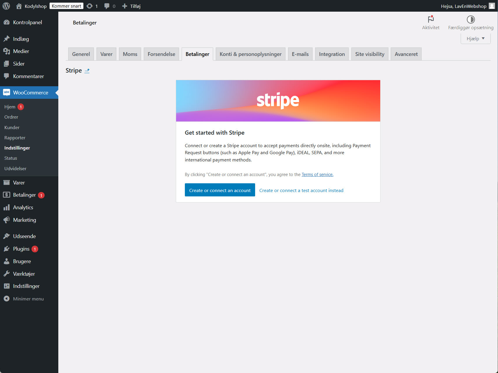 Stripe-konfiguration for at modtage MobilePay og Apple Pay-betalinger, der gør det muligt for kunder at vælge deres foretrukne betalingsmetode.