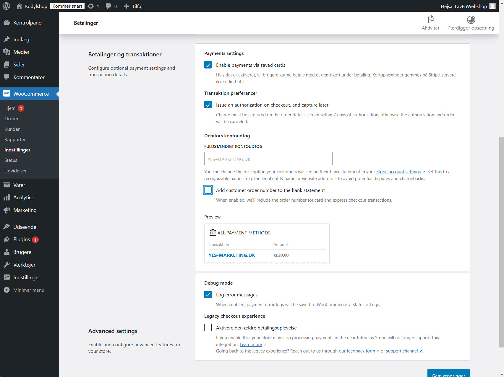 Gem og afslut Stripe-opsætningen med mulighed for at aktivere forskellige betalingsmetoder og specificere tilgængelige betalingskort.
