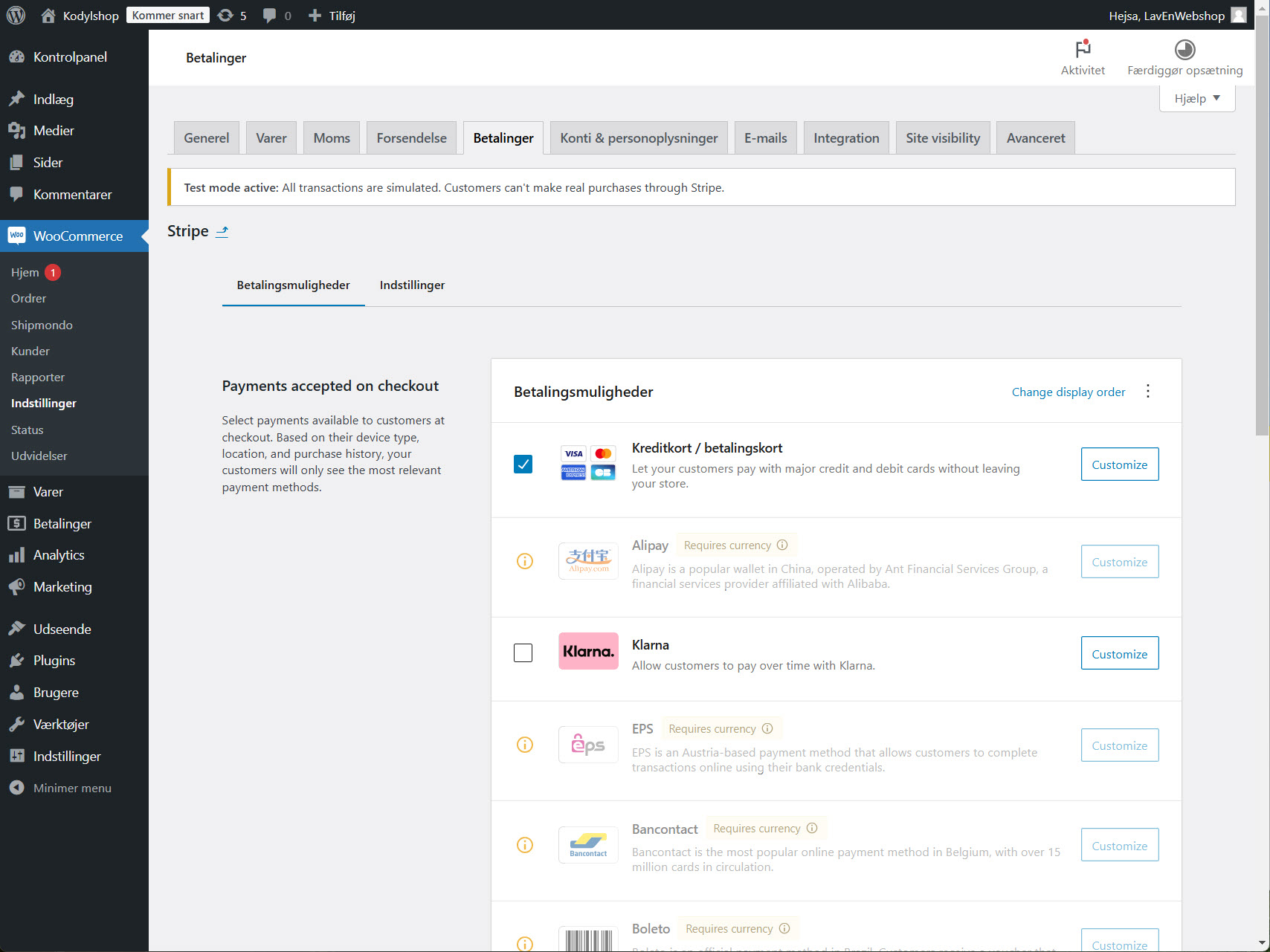 Aktivering af Stripe som betalingsmetode i WooCommerce, så webshoppen er klar til at modtage online betalinger.
