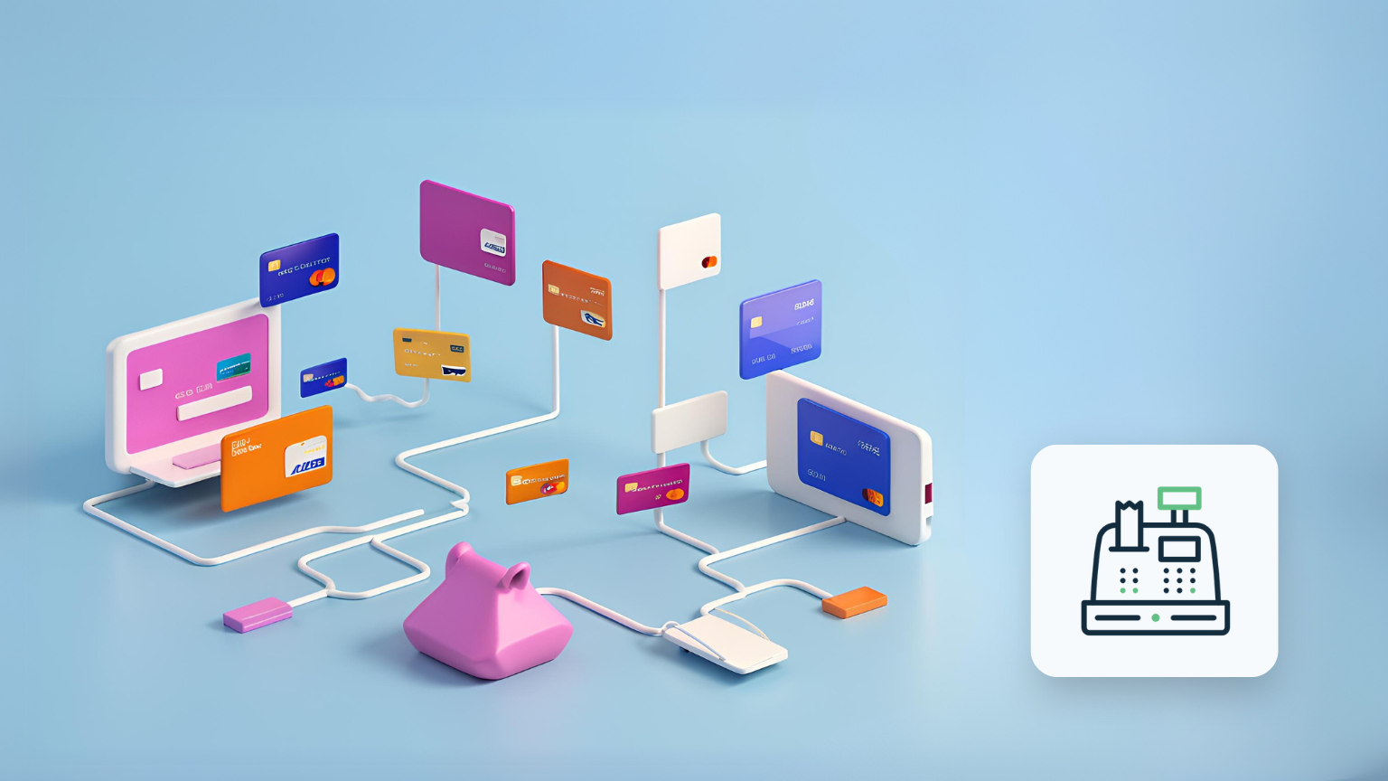 3D illustration af WooCommerce's betalingsindstillingsside med integrationer til Stripe, PayPal og MobilePay, der fremhæver opsætning af betalingsløsninger i din webshop.