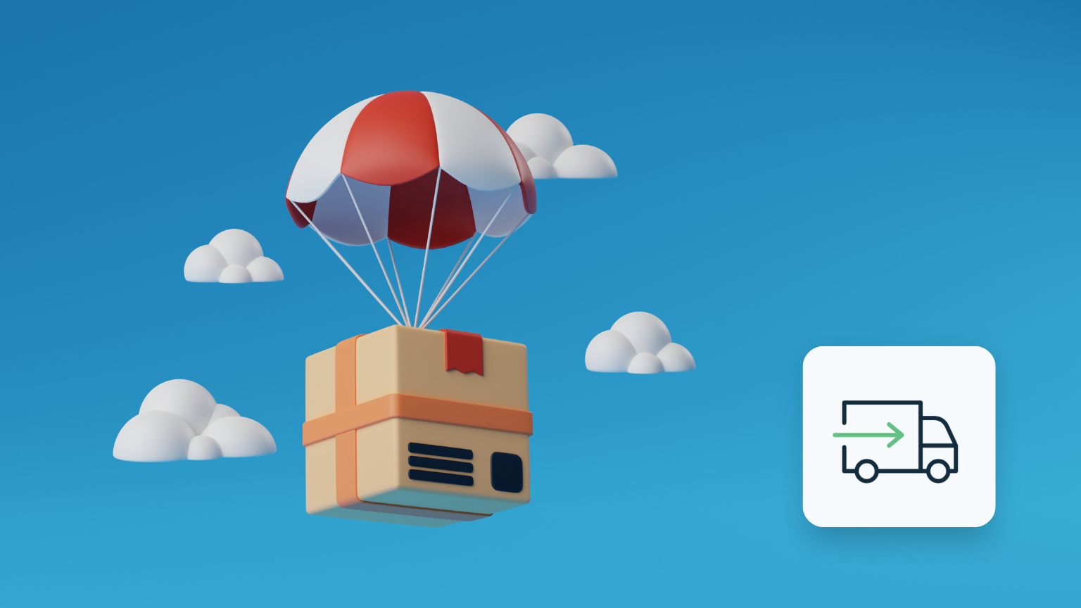 3D illustration af en forsendelsespakke, der falder mellem skyerne, som fremhæver dropshipping-modellens globale rækkevidde og fleksibilitet.