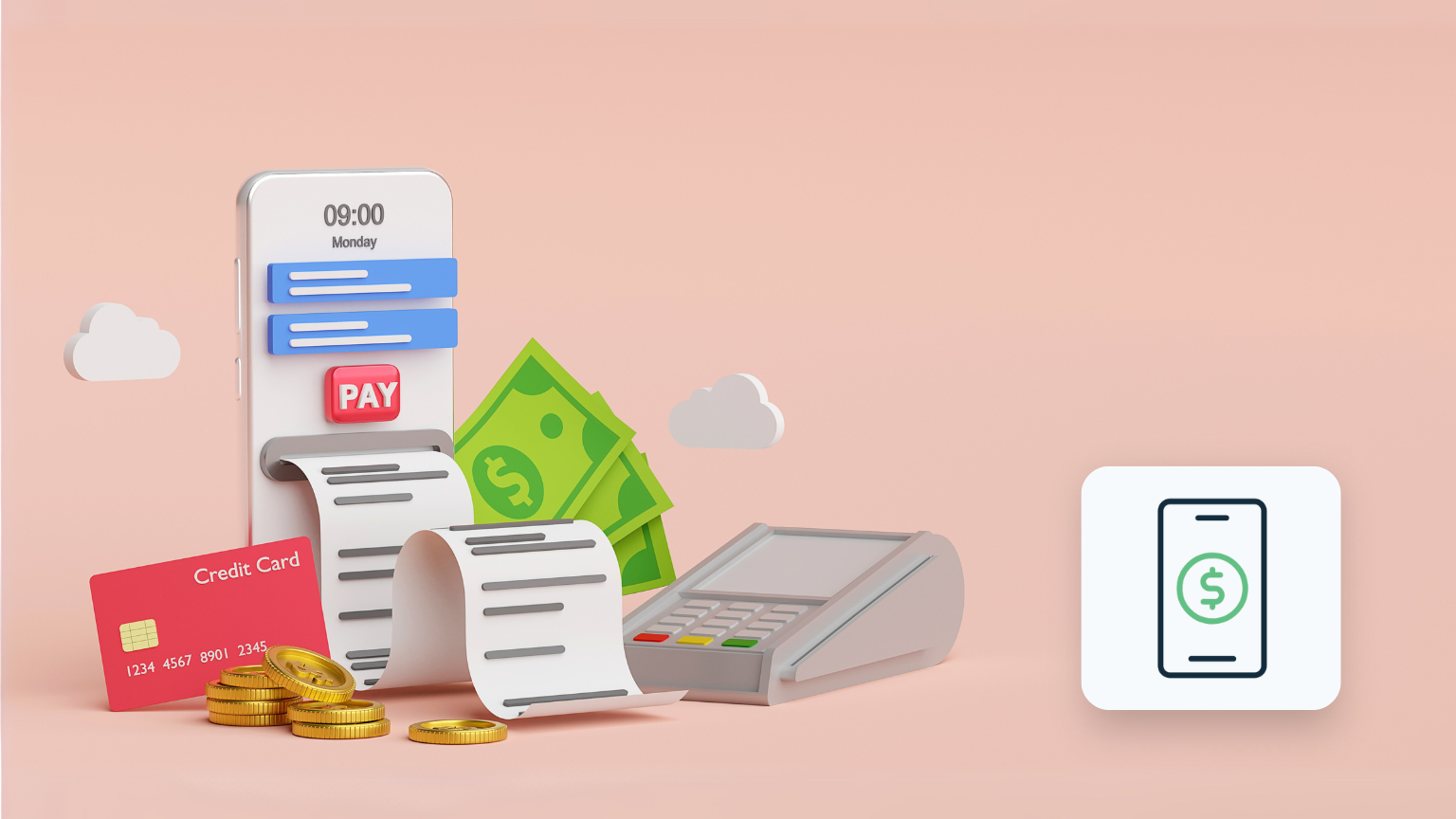 3D illustration af en mobiltelefon med MobilePay-appen, der gennemfører en betaling i en webshop, der fremhæver integrationen af MobilePay som betalingsløsning.