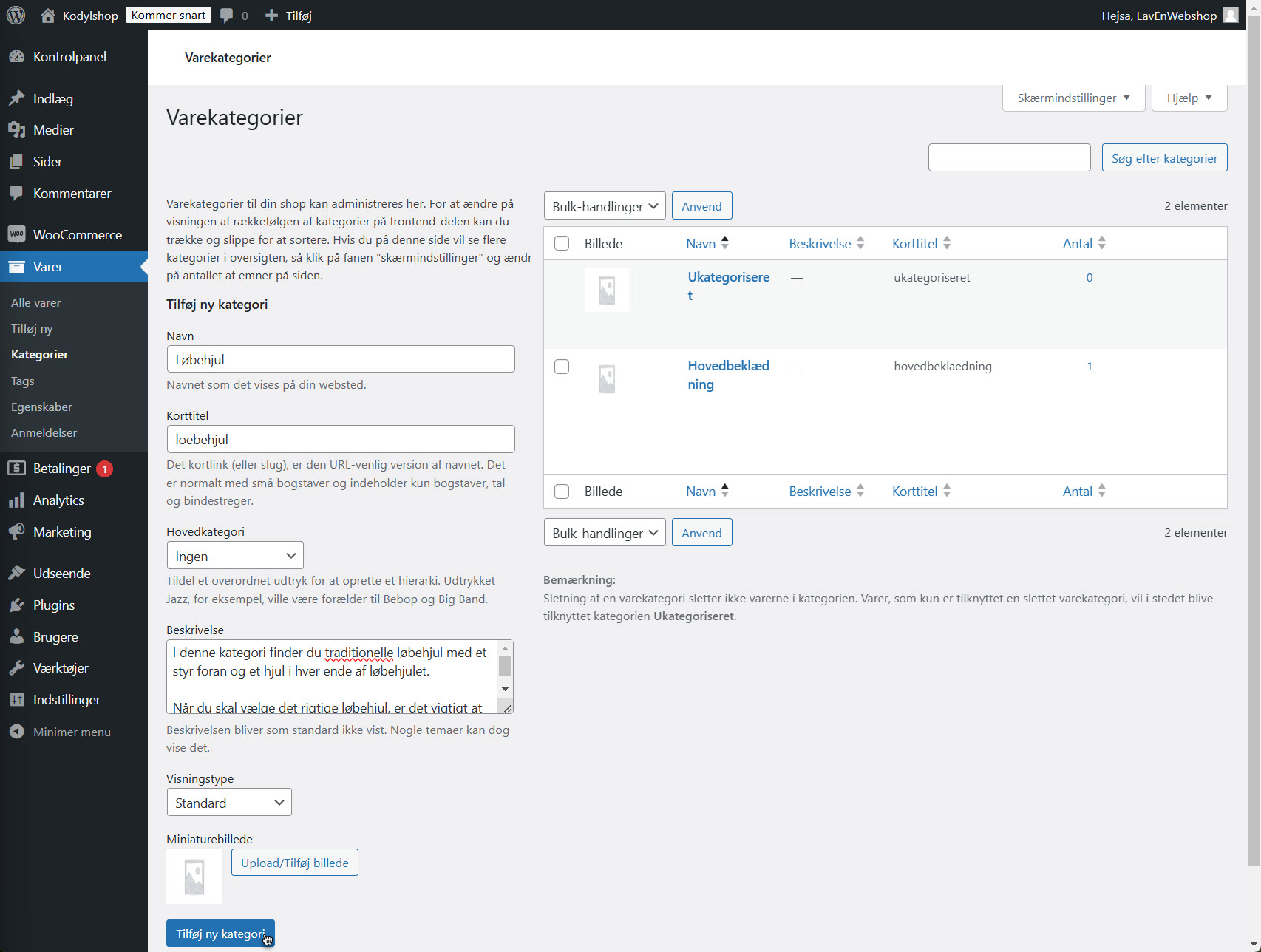 Mulighed for at tilføje et miniaturebillede til kategorien, hvilket gør det mere visuelt i webshoppen, og hvordan man uploader dette.