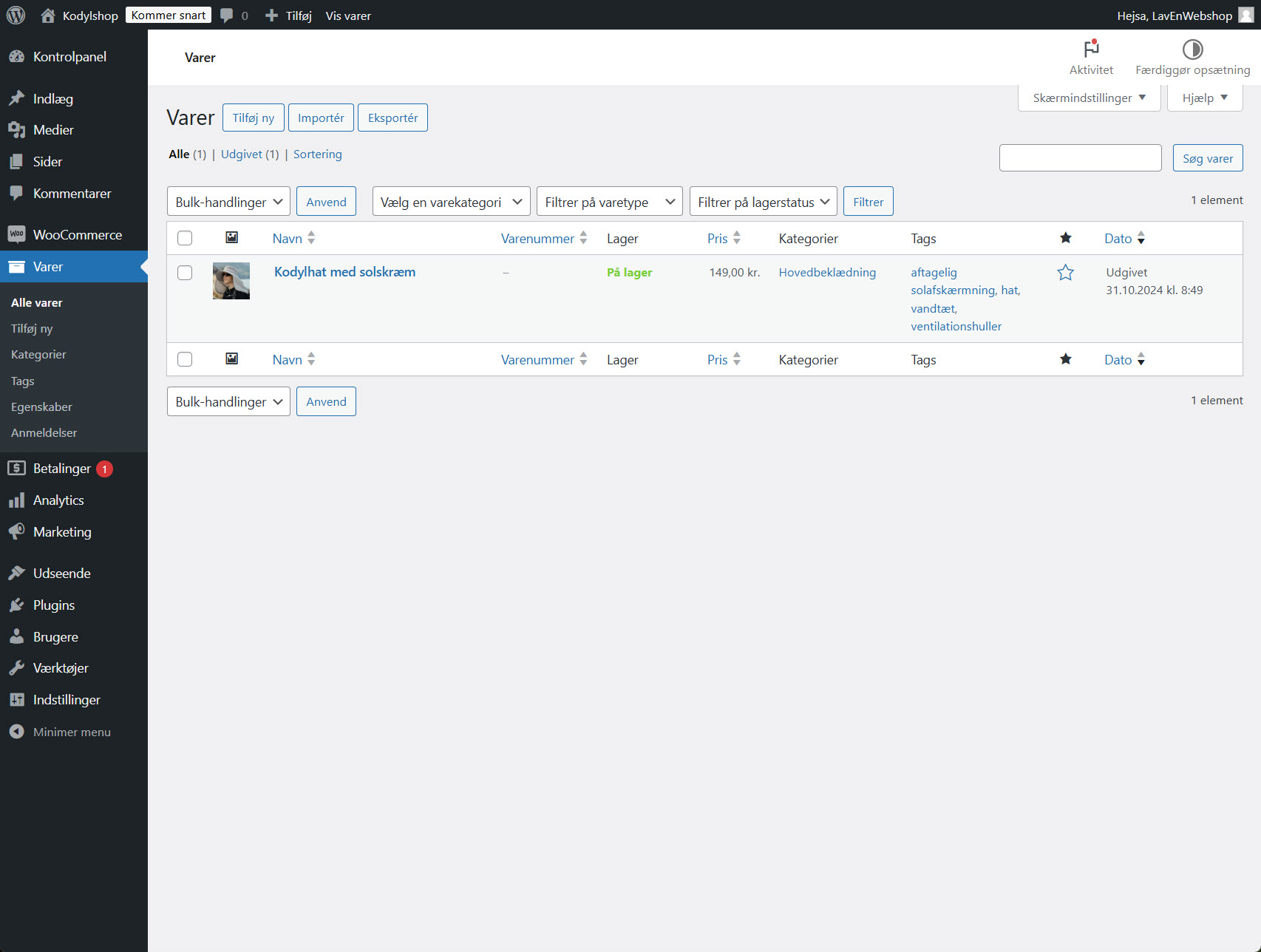 WooCommerce administrationspanel, der viser oversigt over varer og mulighed for at tilføje en ny vare til webshoppen.