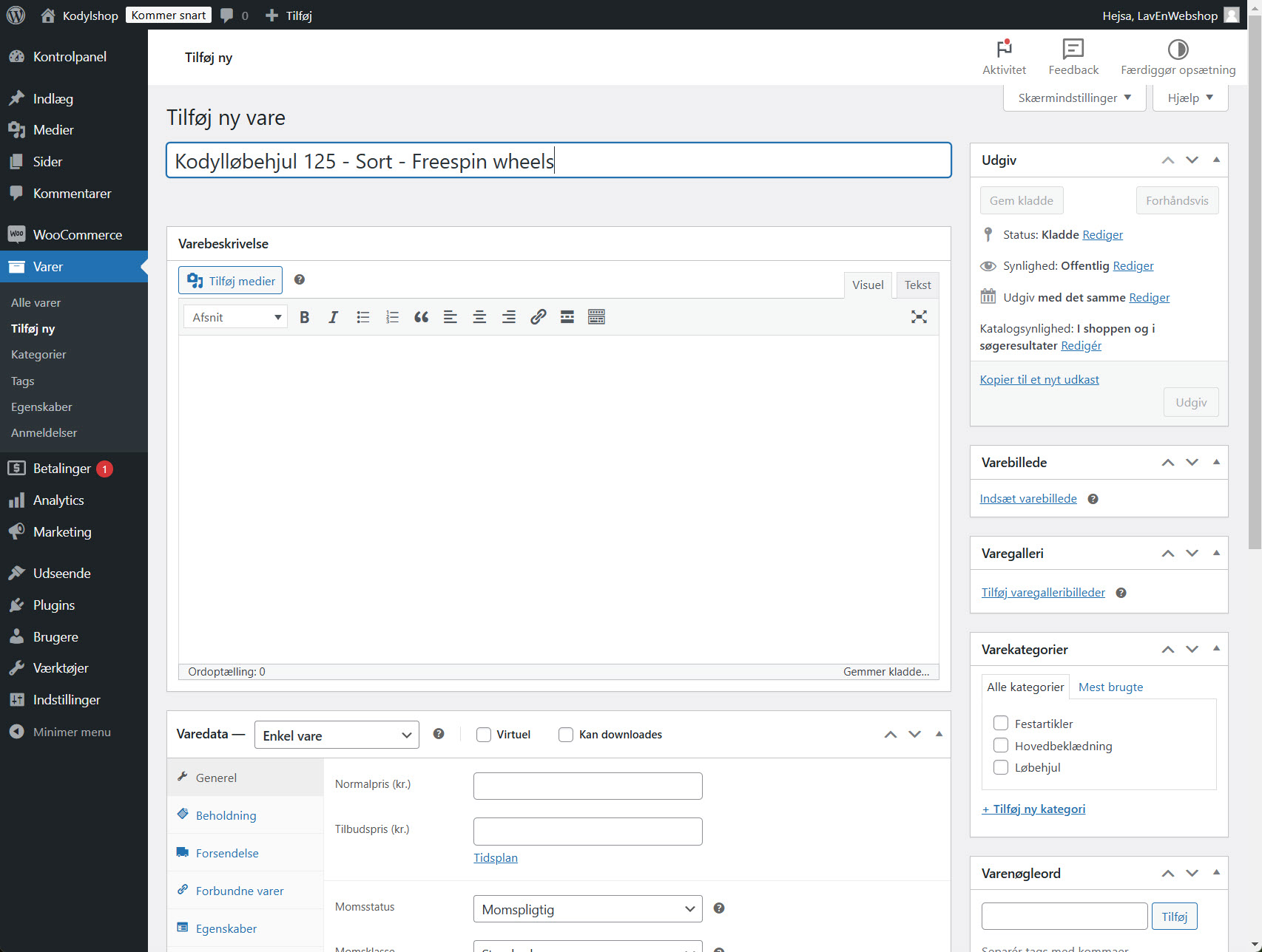 Indtastningsfelter til vareoprettelse, hvor produktets navn og kategori vælges for bedre struktur og SEO.