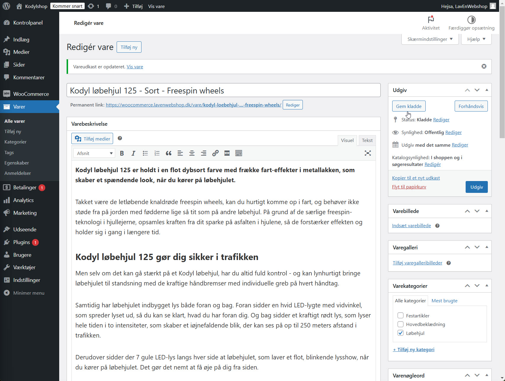 Tilføjelse af varebillede i WooCommerce, hvor brugeren indsætter et hovedbillede til visning på kategorisider og produktsiden.