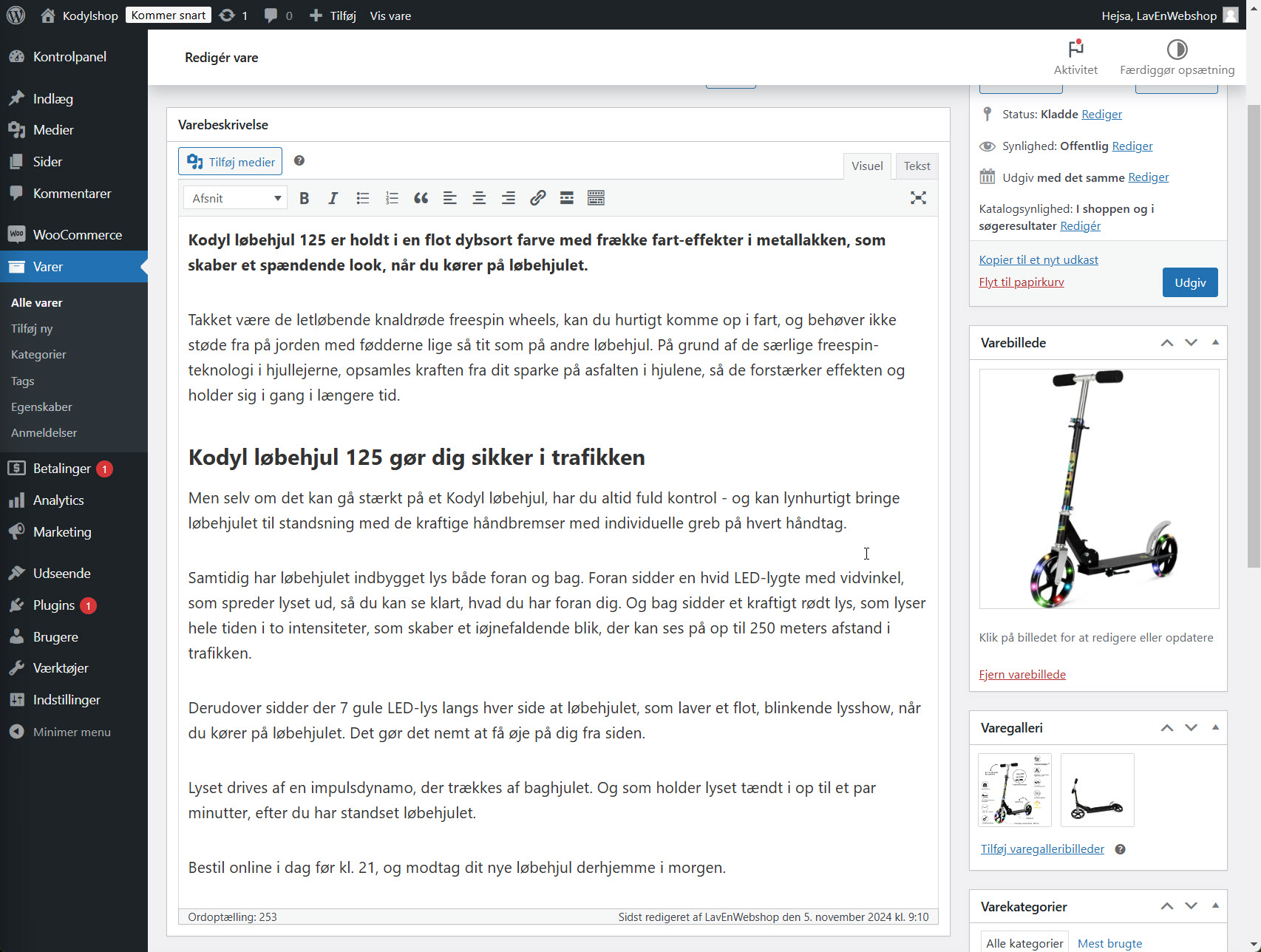 Endelig gennemgang af alle felter og billeder, før produktet udgives i WooCommerce-webshoppen.