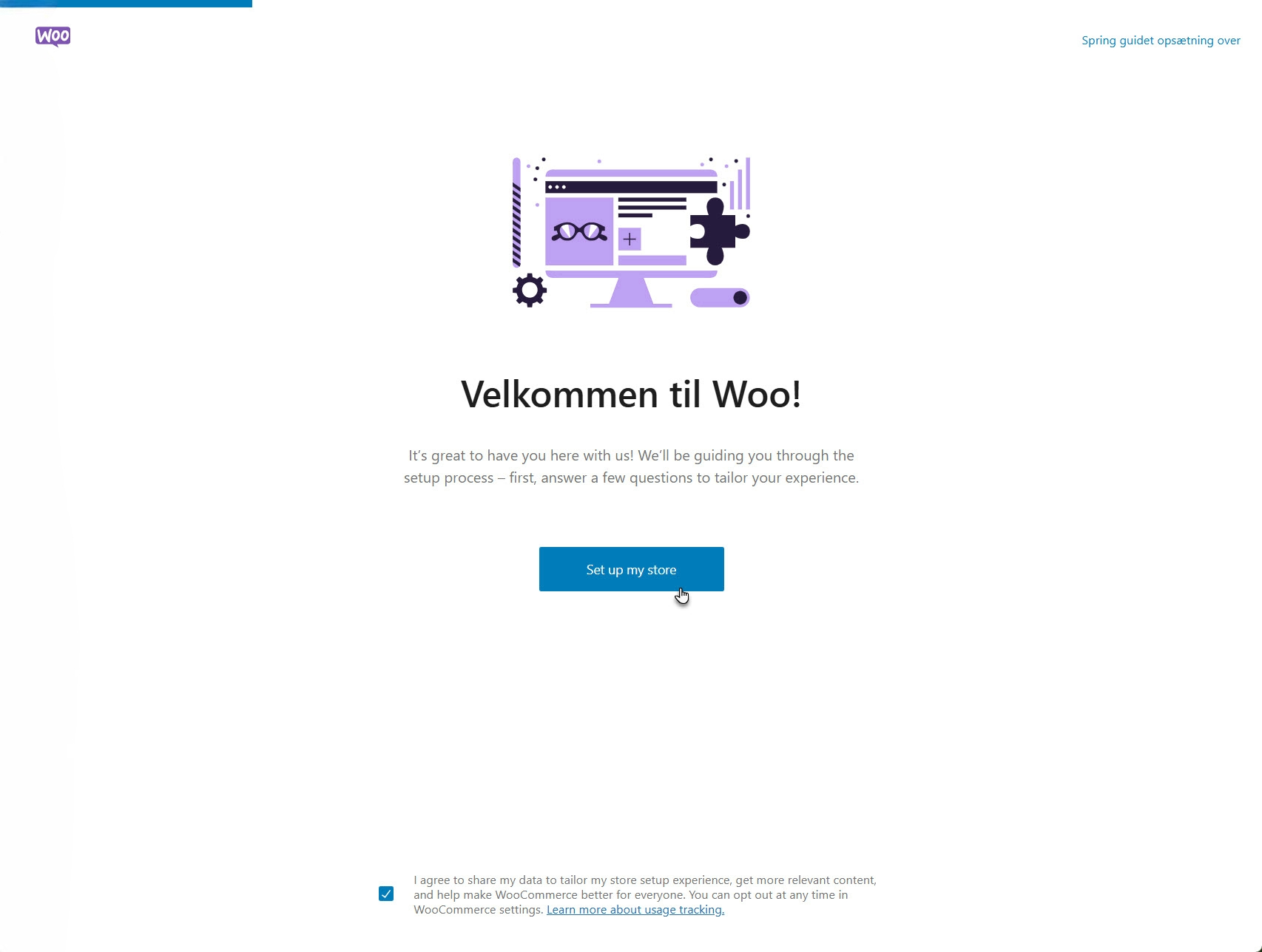 Guiden indleder opsætning af webshoppen, hvor brugeren vælger type og formål med butikken.