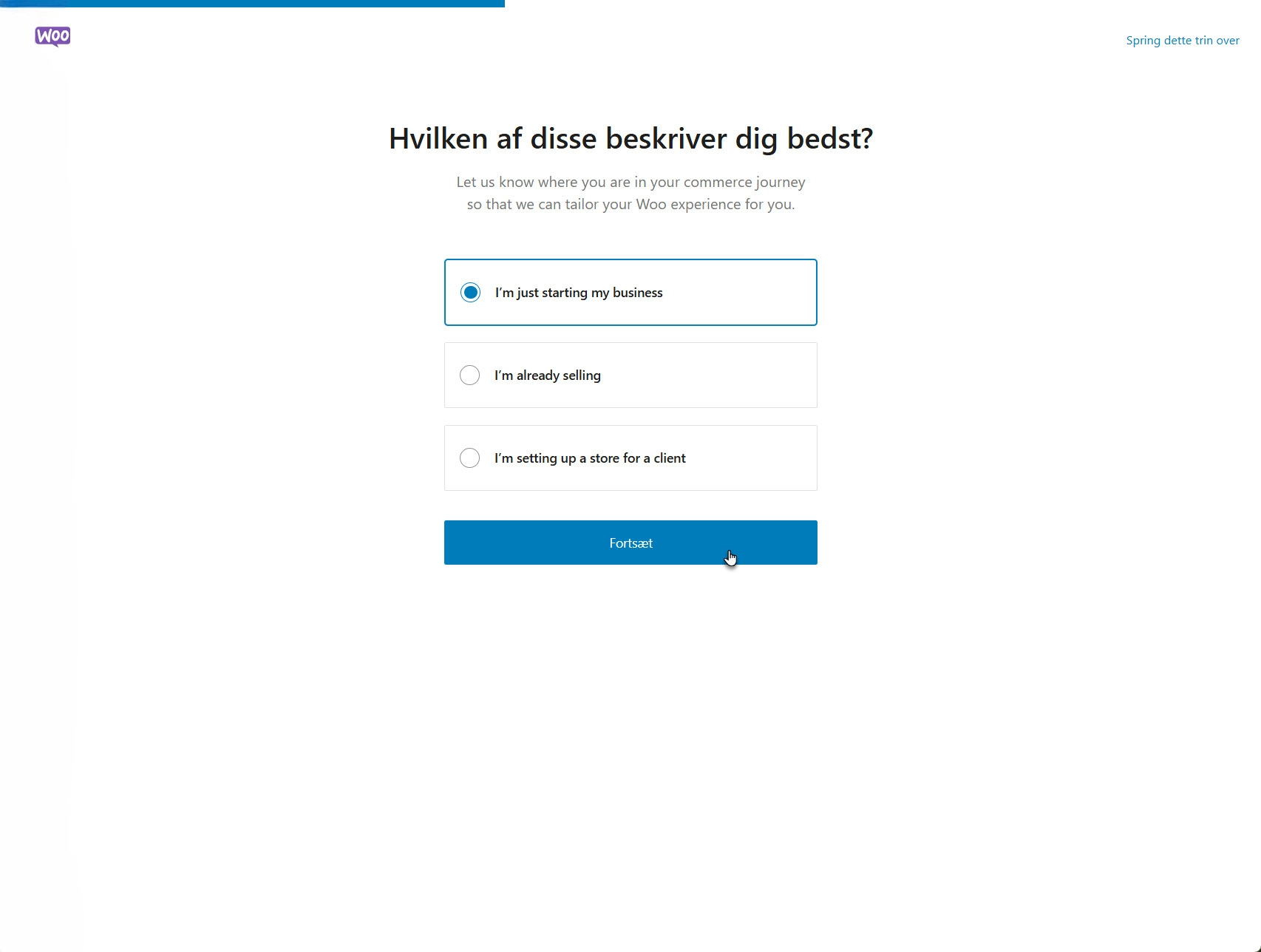 Bruger angiver grundlæggende oplysninger om webshoppen, herunder navn, branche, land og e-mail til administrativ kommunikation.