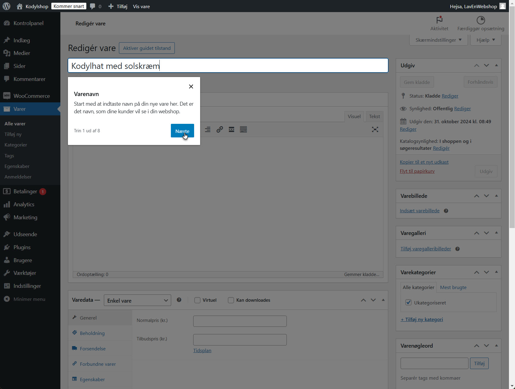 Sluttrin i guiden, hvor brugeren klikker "Udgiv" for at offentliggøre den første vare, der kan ses på webshoppen via linket i statusbeskeden.
