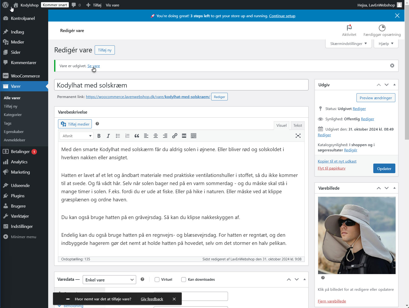 Webshop visning af den offentliggjorte vare, så brugeren kan se produktets layout med de valgte designindstillinger.
