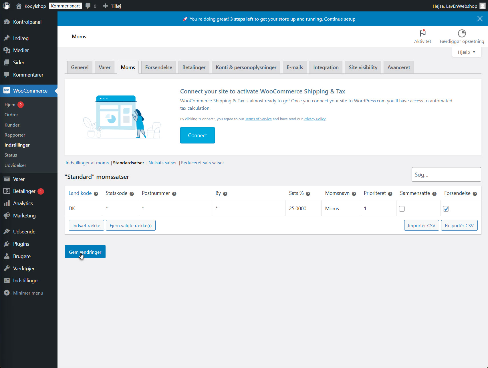 Indstillinger for momsvisning, hvor brugeren vælger at inkludere moms i viste priser, baseret på kundens leveringsadresse.