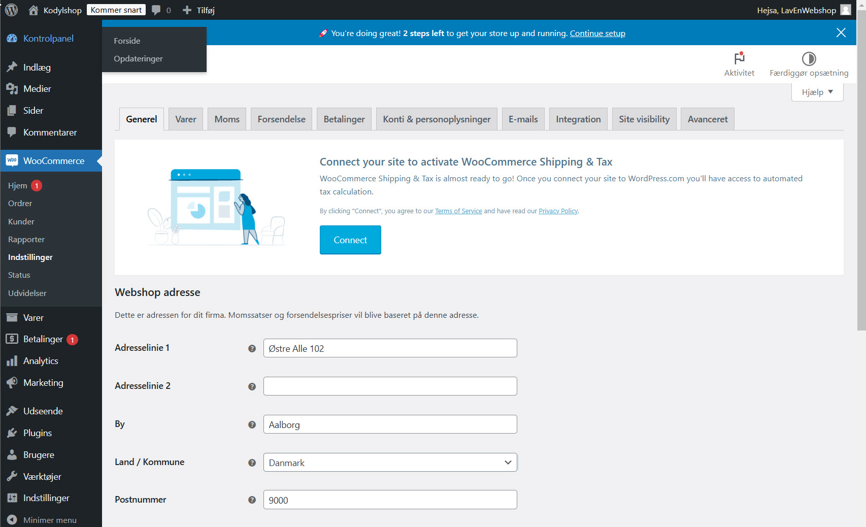 Generelle indstillinger, hvor webshop-adressen og salgsplaceringer indtastes, begrænset til Danmark, hvis nødvendigt.