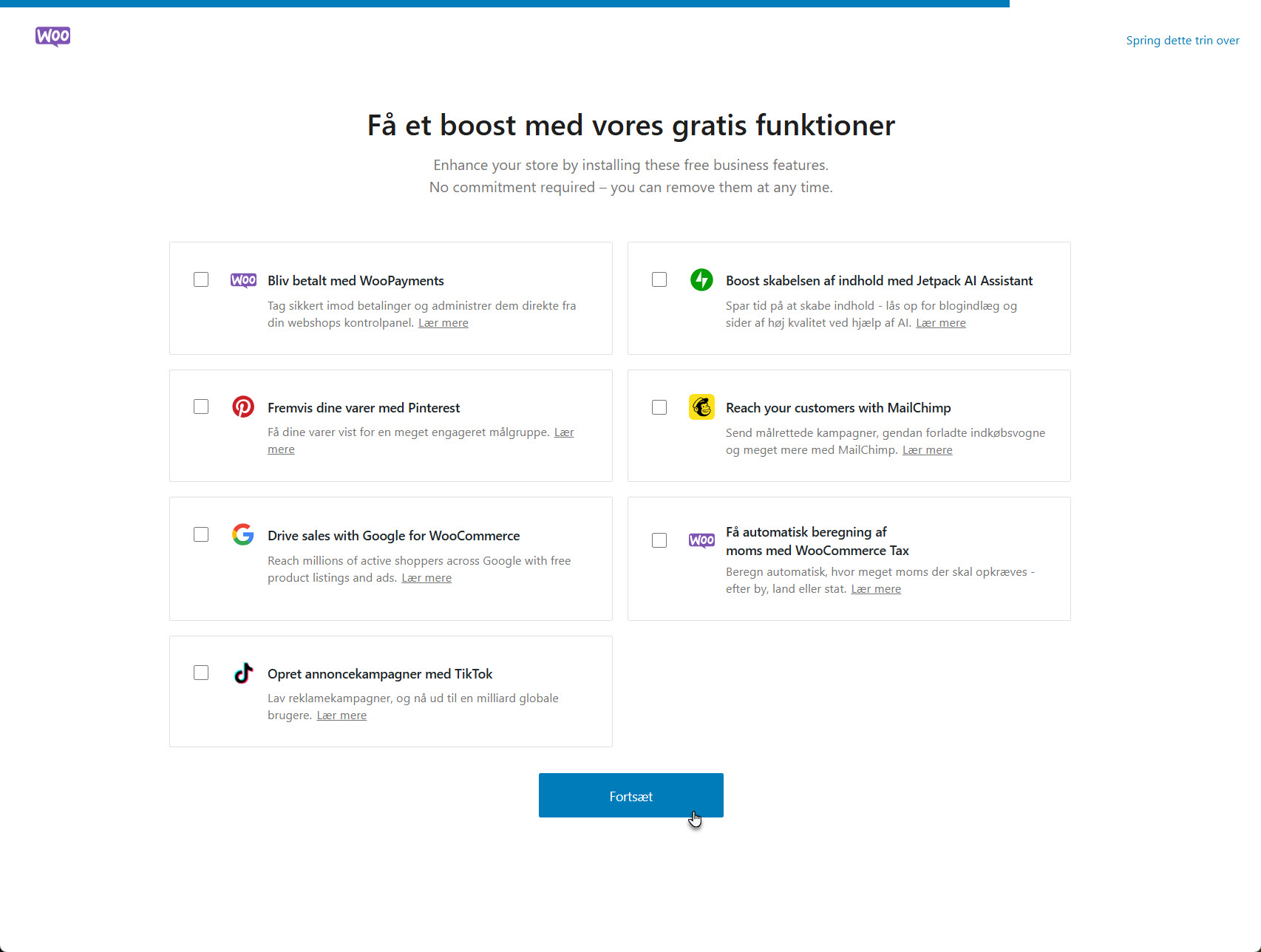 Bekræftelsesskærm for de grundlæggende indstillinger i WooCommerce, hvor opsætningen afsluttes.