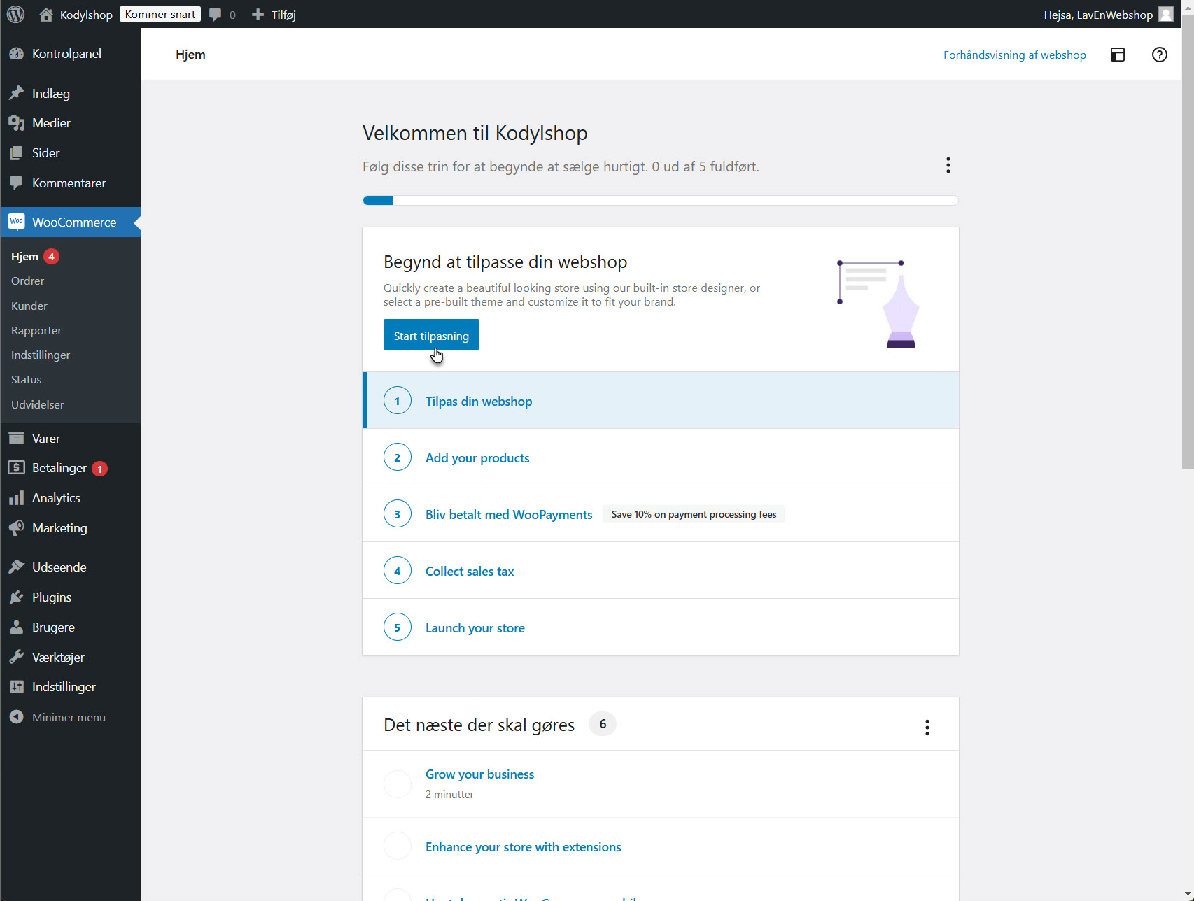 Brugeren føres til tema-tilpasseren, hvor designet kan justeres yderligere i forhold til font, farver og layout.