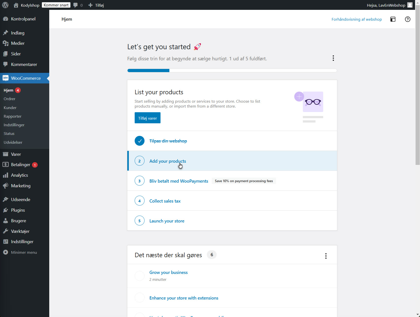 Oversigt over produktvalg, såsom variabel, enkel og grupperet produkt, hvor brugeren opretter sit første produkt.