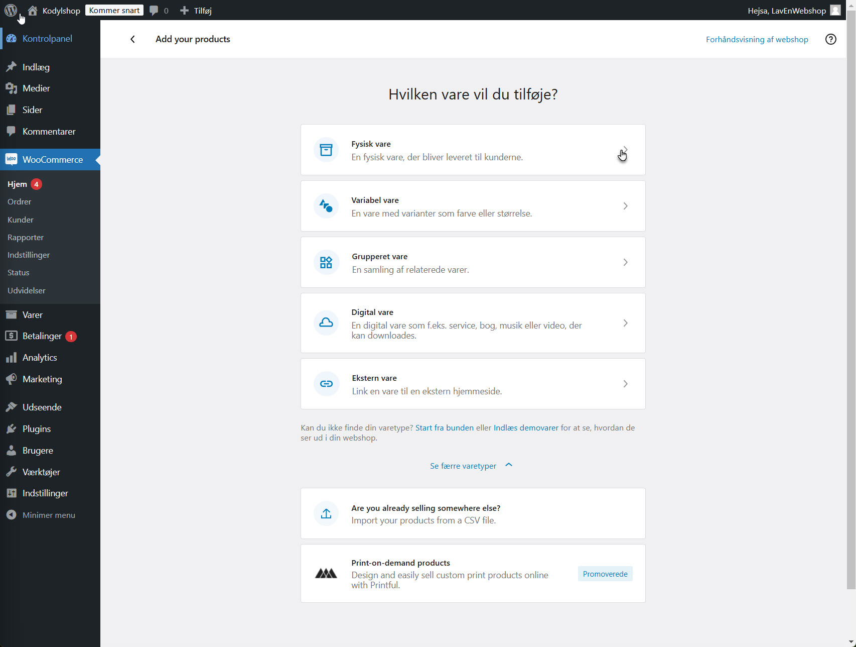 Ny Vare-side, hvor brugeren opretter en fysisk vare ved hjælp af en guide, der fører brugeren gennem felter og valg. Guidet tilstand kan genaktiveres om nødvendigt.