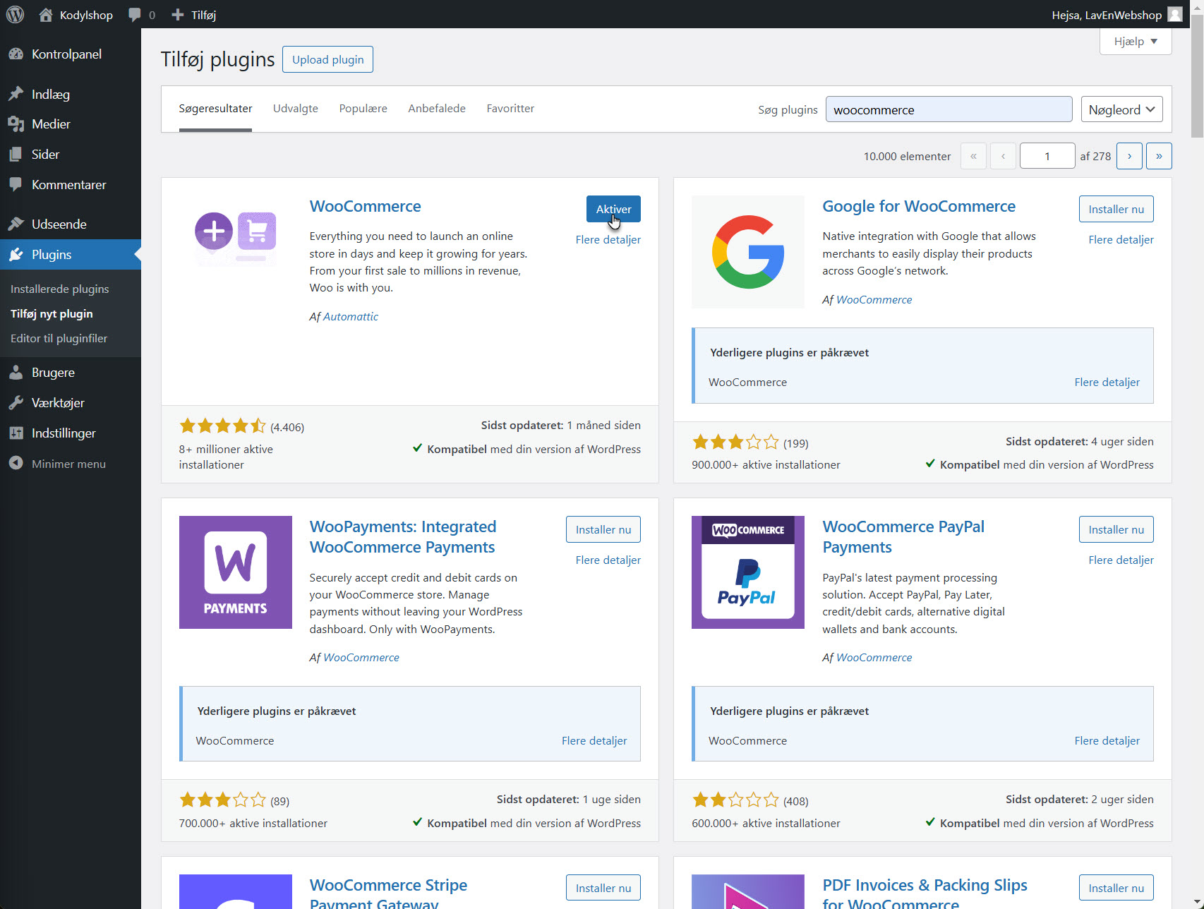 Skærmbillede, hvor WooCommerce-plugin aktiveres efter installationen for at starte opsætningsguiden.