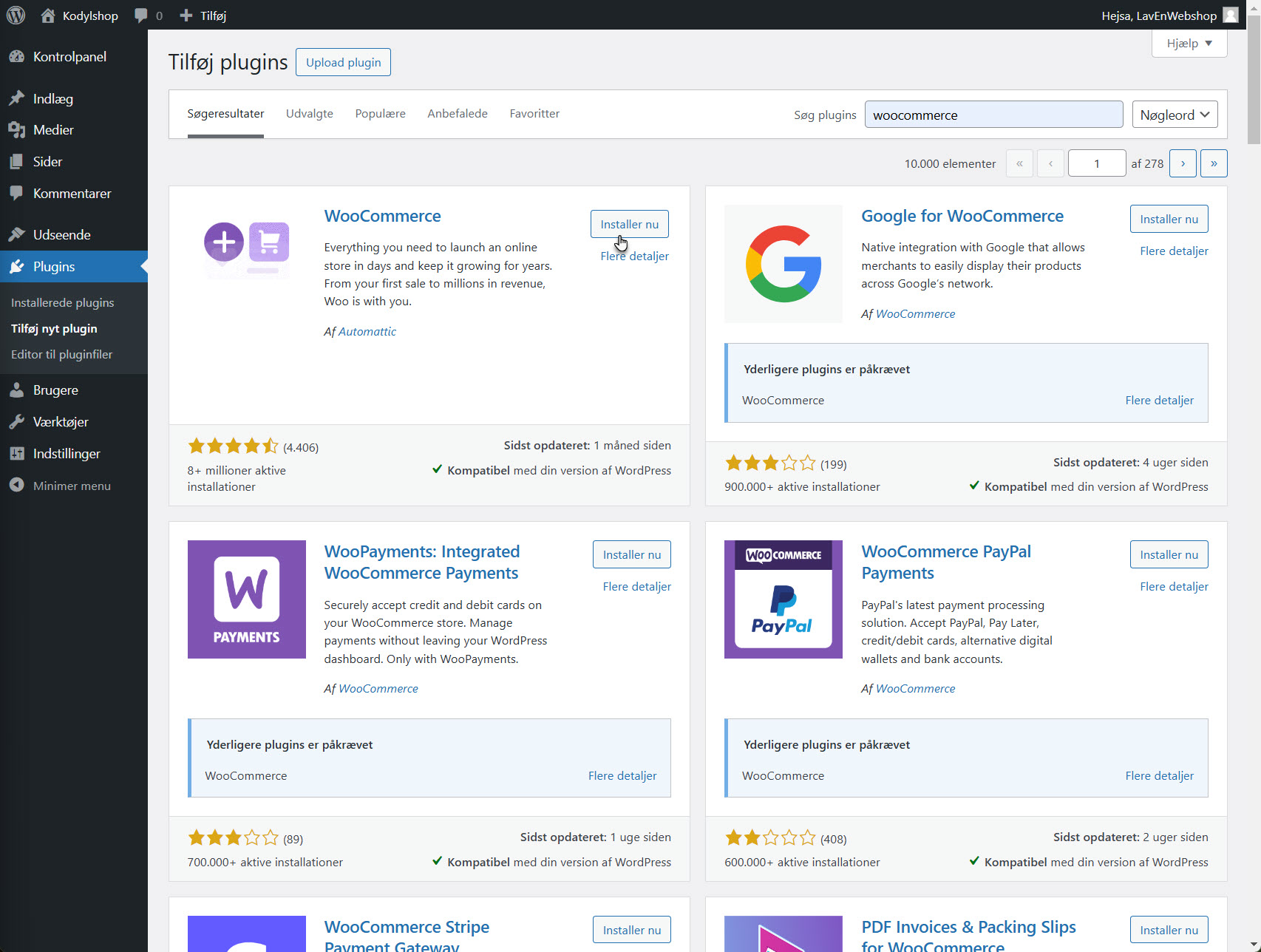 WooCommerce-plugin installationsskærm, hvor brugeren klikker "Installer" for at tilføje WooCommerce til WordPress-webshoppen.