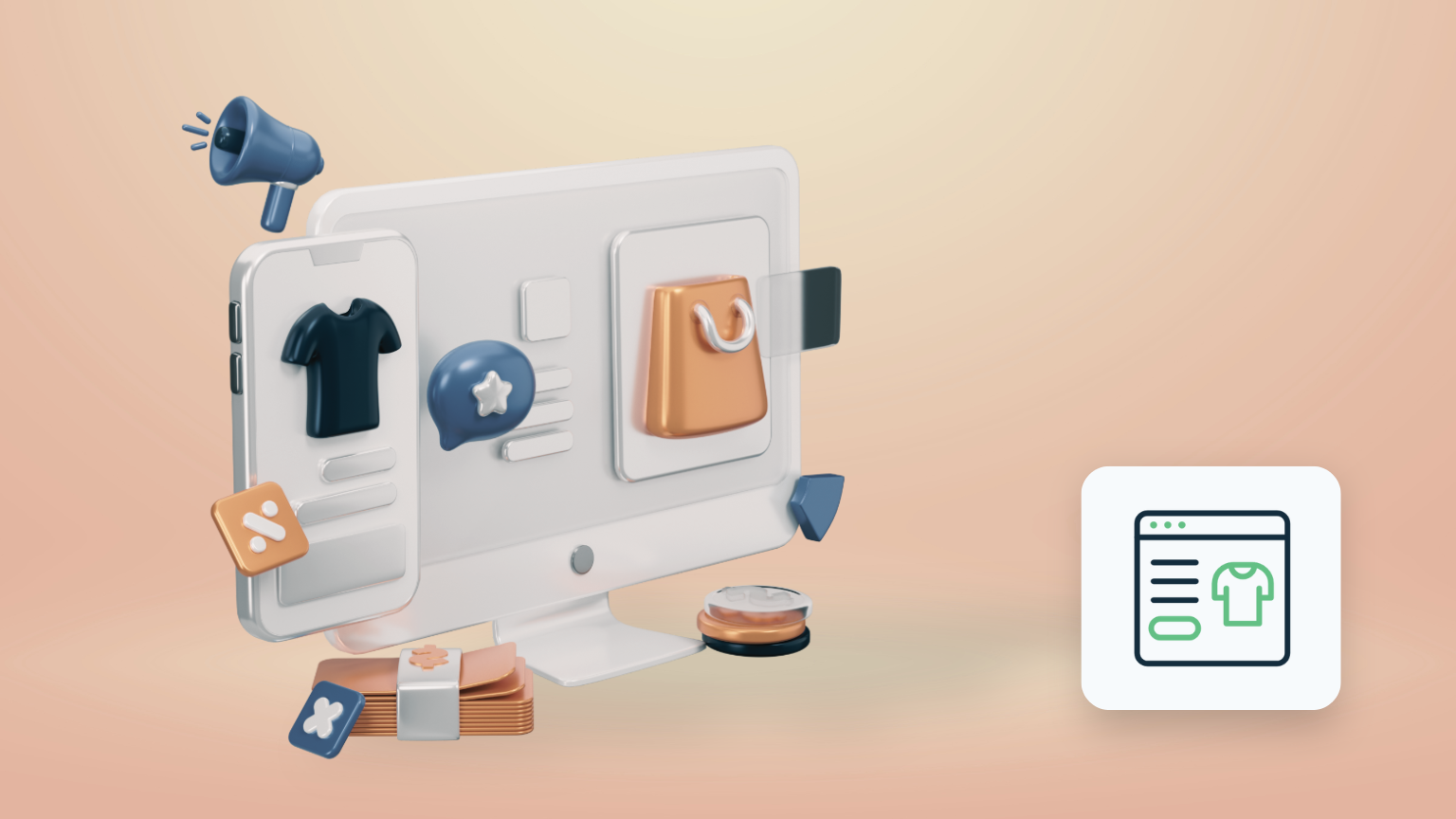 3D illustration af Ideal.shop's brugervenlige dashboard, der fremhæver tilpasningsmuligheder, produktlister og betalingsindstillinger for en succesfuld webshop.