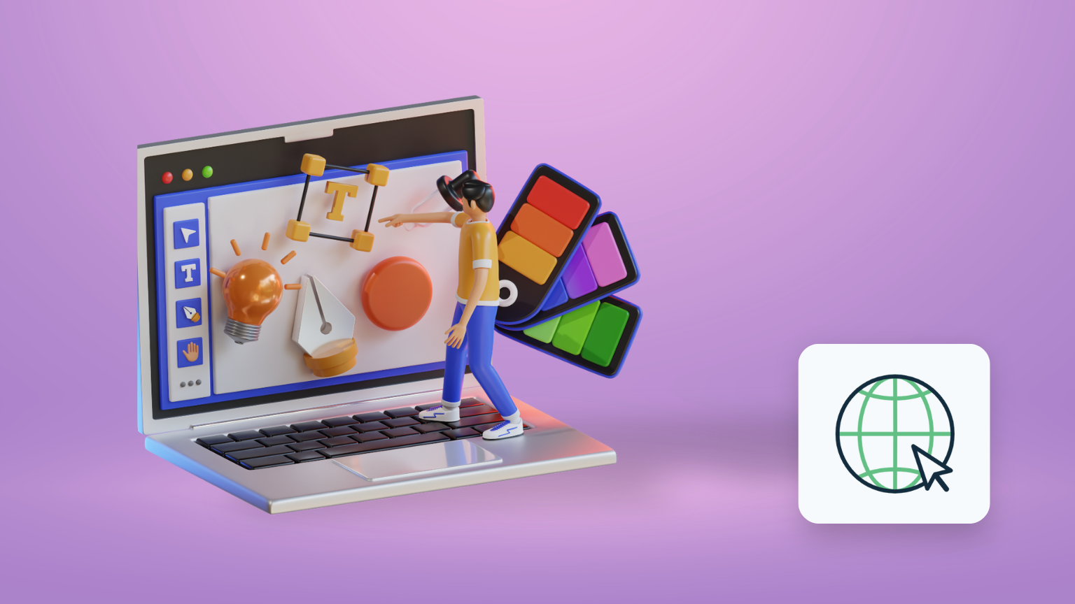 3D illustration af en designers arbejdsplads med computer, der viser tilpassede produktdesigns, en 3D-printer i aktion og forskellige printede merchandise som t-shirts og krus, der fremhæver de kreative og tilpasselige aspekter af print on demand.