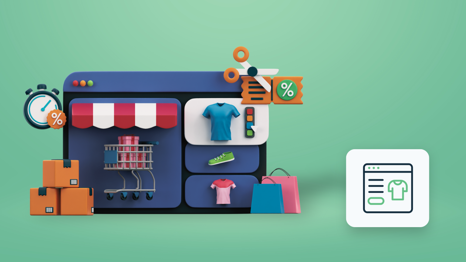 3D illustration af en moderne online butik med indkøbskurv, indstillingsgear og vækstdiagram, der fremhæver trin-for-trin processen i at starte en succesfuld webshop.