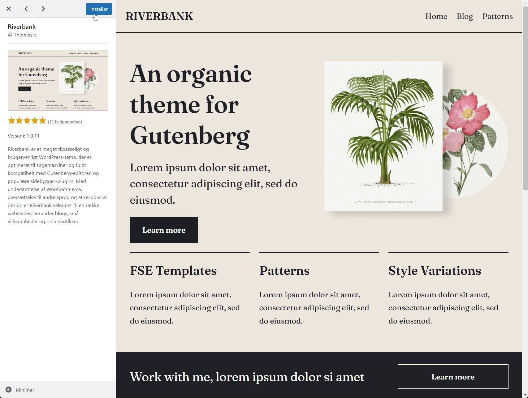 Brugergrænseflade til installation af et betalt tema, som købes og installeres for at give webshoppen et unikt design.