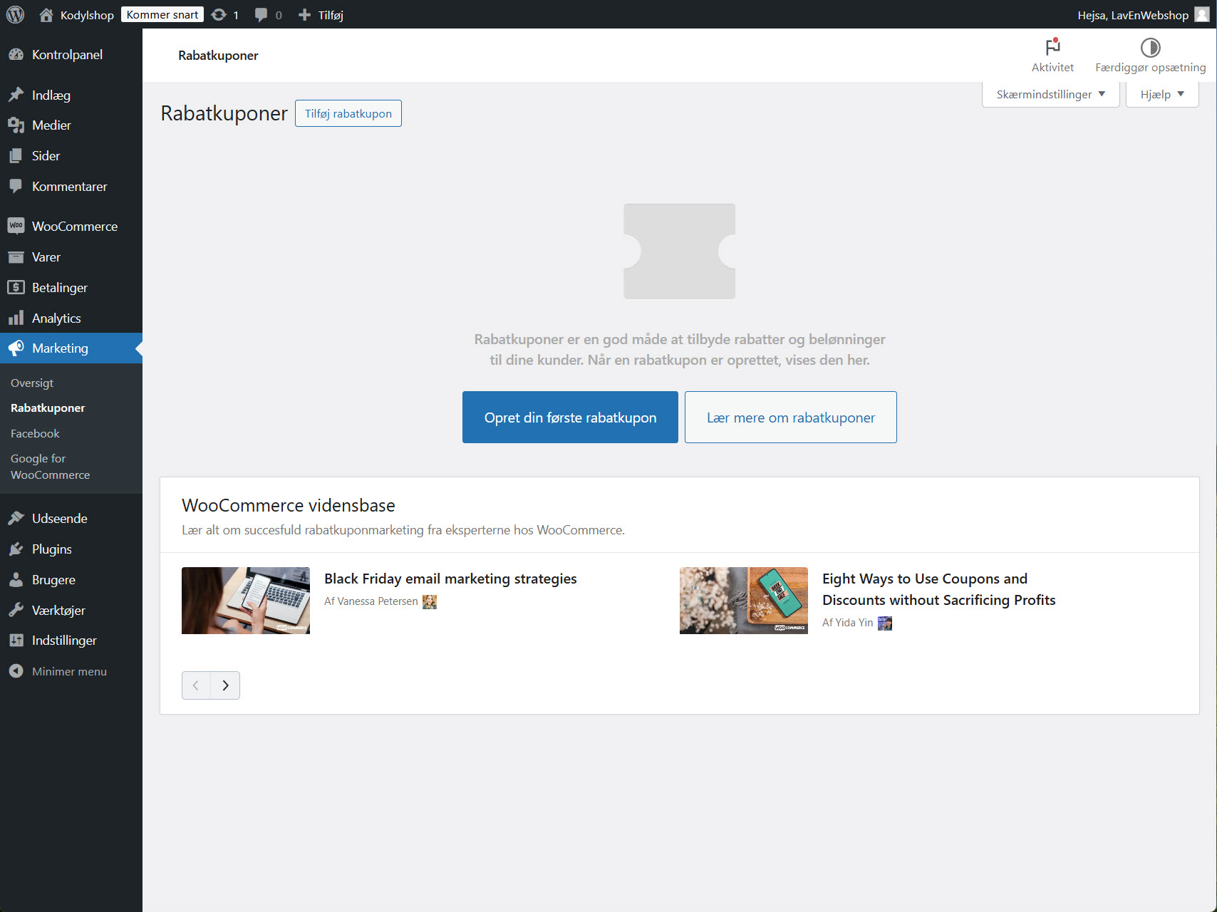 WooCommerce brugergrænseflade til oprettelse af rabatkoder, som kan anvendes til specifikke produkter eller i markedsføringskampagner.
