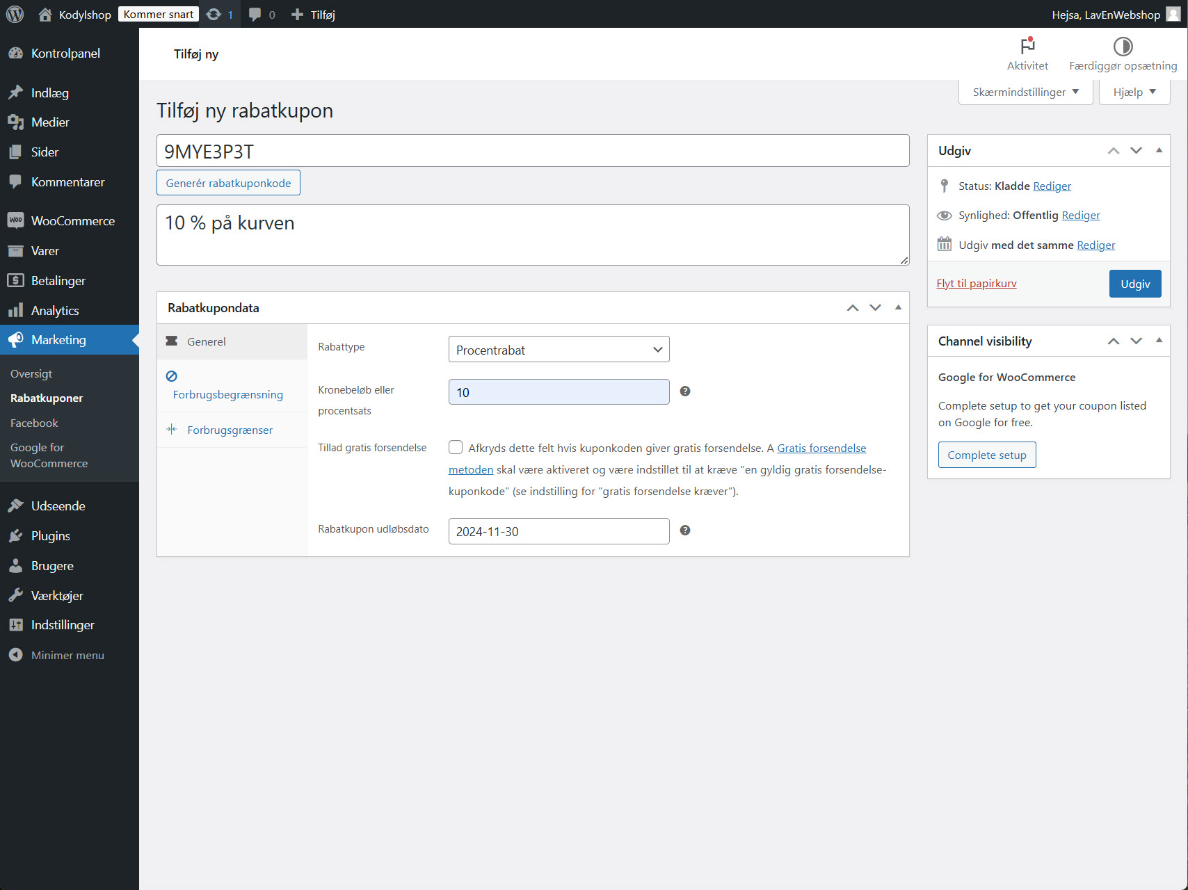Formular til generering af rabatkoder i WooCommerce med muligheden for at specificere rabatprocenter og udløbsdato.