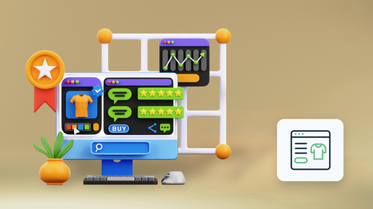 3D illustration af en pc-skærm med WooCommerce-dashboard, omgivet af ikoner for indkøbskurv og gear, der fremhæver processen med at bygge en online butik med WordPress og WooCommerce.